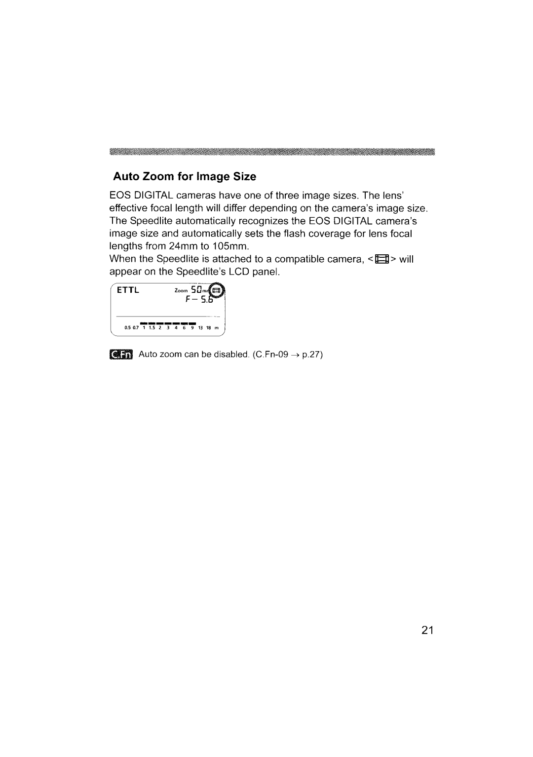 Canon 580EX II instruction manual Auto Zoom for Image Size 