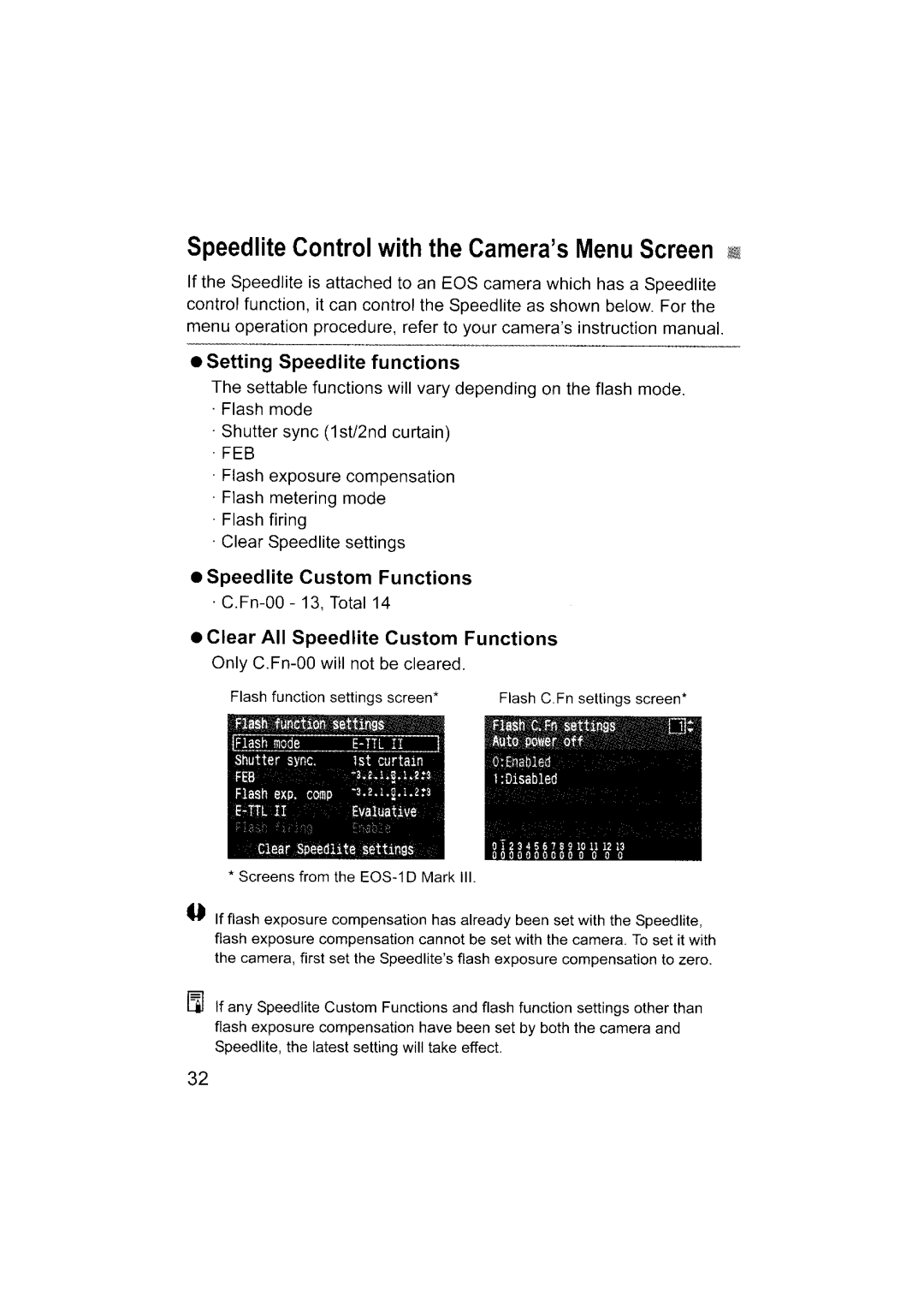 Canon 580EX II Speedlite Control with the CamerasMenu Screen, Setting Speedlite functions, Speedlite Custom Functions 