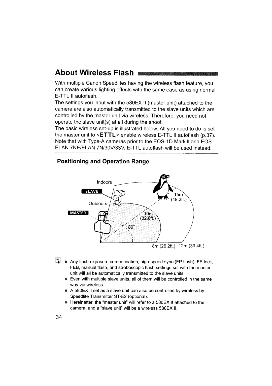 Canon 580EX II instruction manual Positioning and Operation Range 