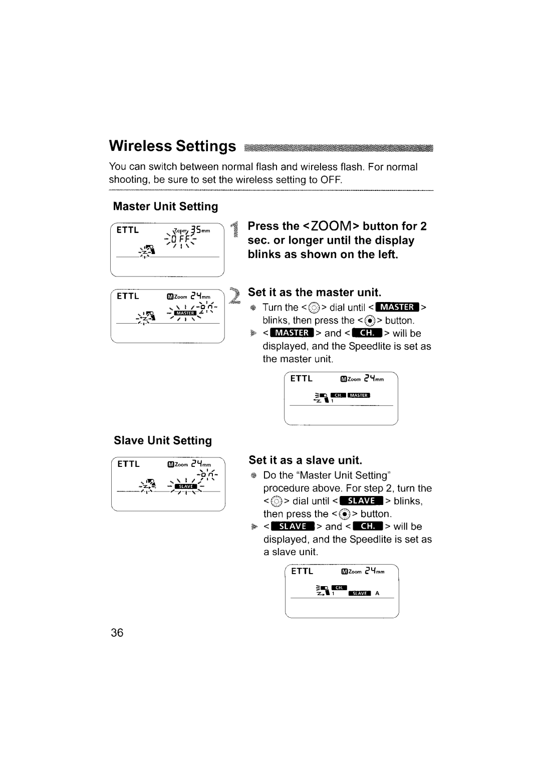 Canon 580EX II instruction manual Master Unit Setting, Slave Unit Setting Set it as a slave unit 