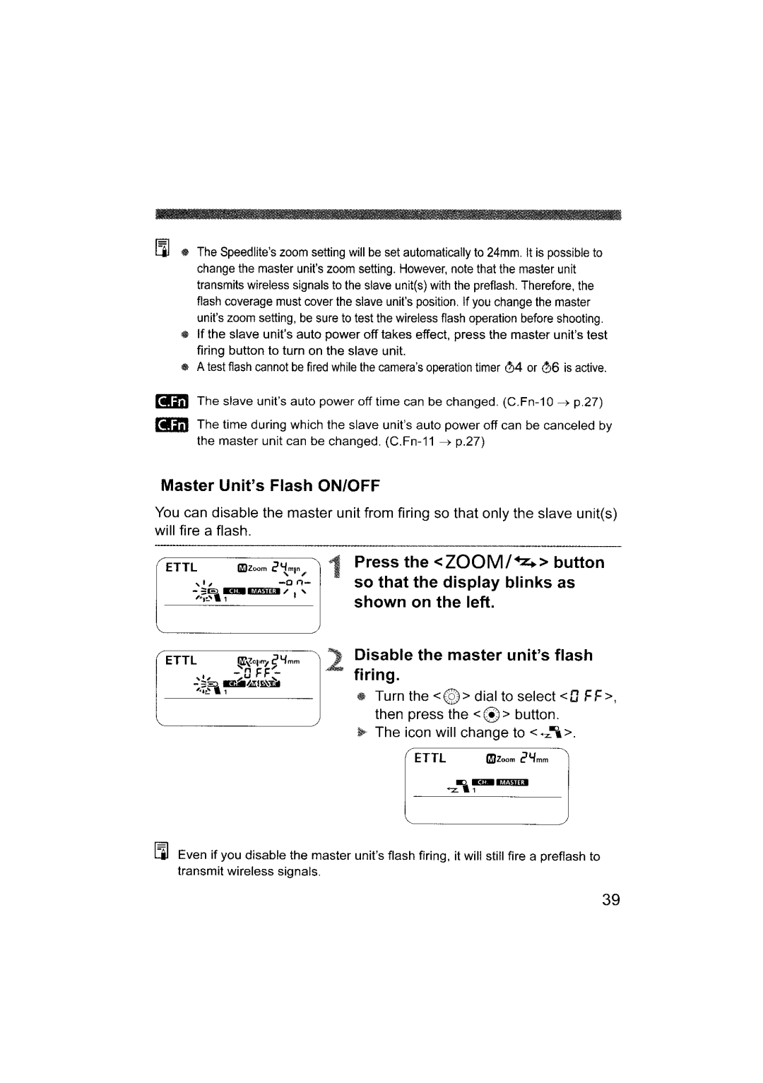 Canon 580EX II instruction manual Master UnitsFlash ON/OFF 