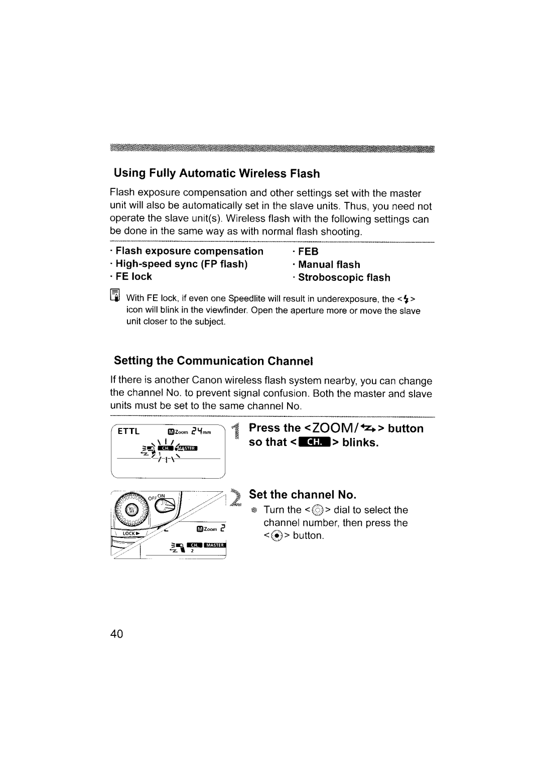 Canon 580EX II instruction manual Using Fully Automatic Wireless Flash, Setting the Communication Channel, So that . blinks 