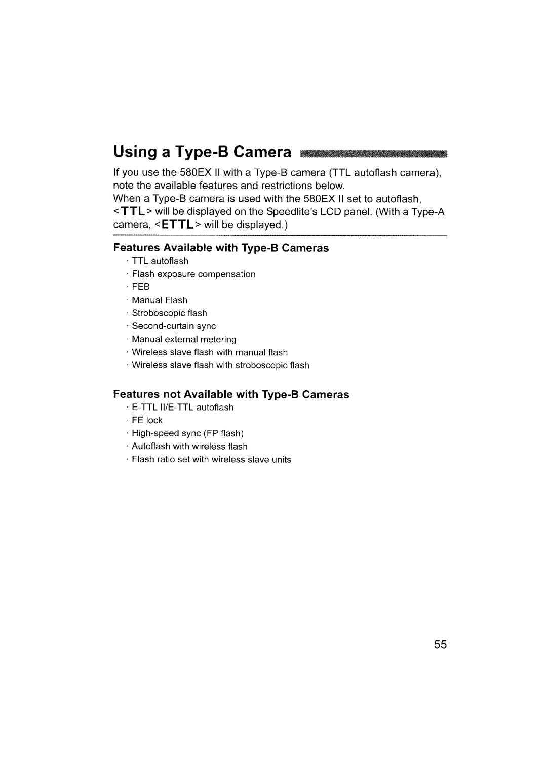 Canon 580EX II instruction manual Features Available with Type-B Cameras 