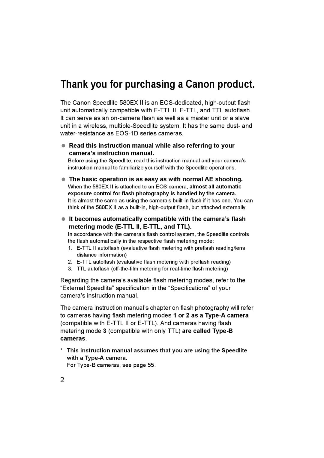 Canon 580EX II manual Thank you for purchasing a Canon product, Basic operation is as easy as with normal AE shooting 