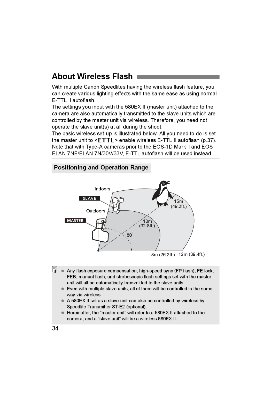 Canon 580EX II manual About Wireless Flash, Positioning and Operation Range 