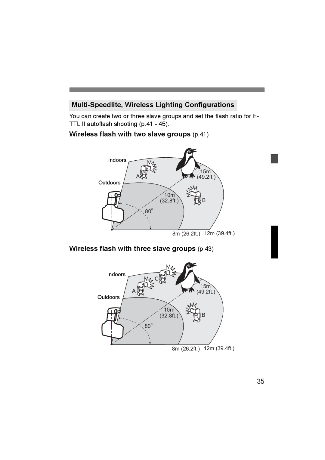 Canon 580EX II manual Multi-Speedlite, Wireless Lighting Configurations, Wireless flash with two slave groups p.41 