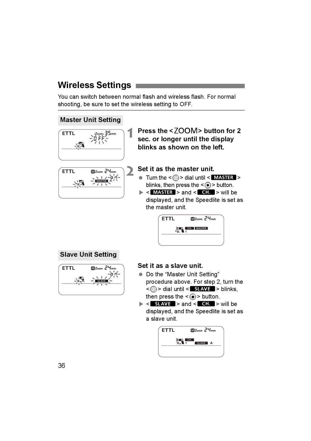 Canon 580EX II manual Wireless Settings, Set it as a slave unit 