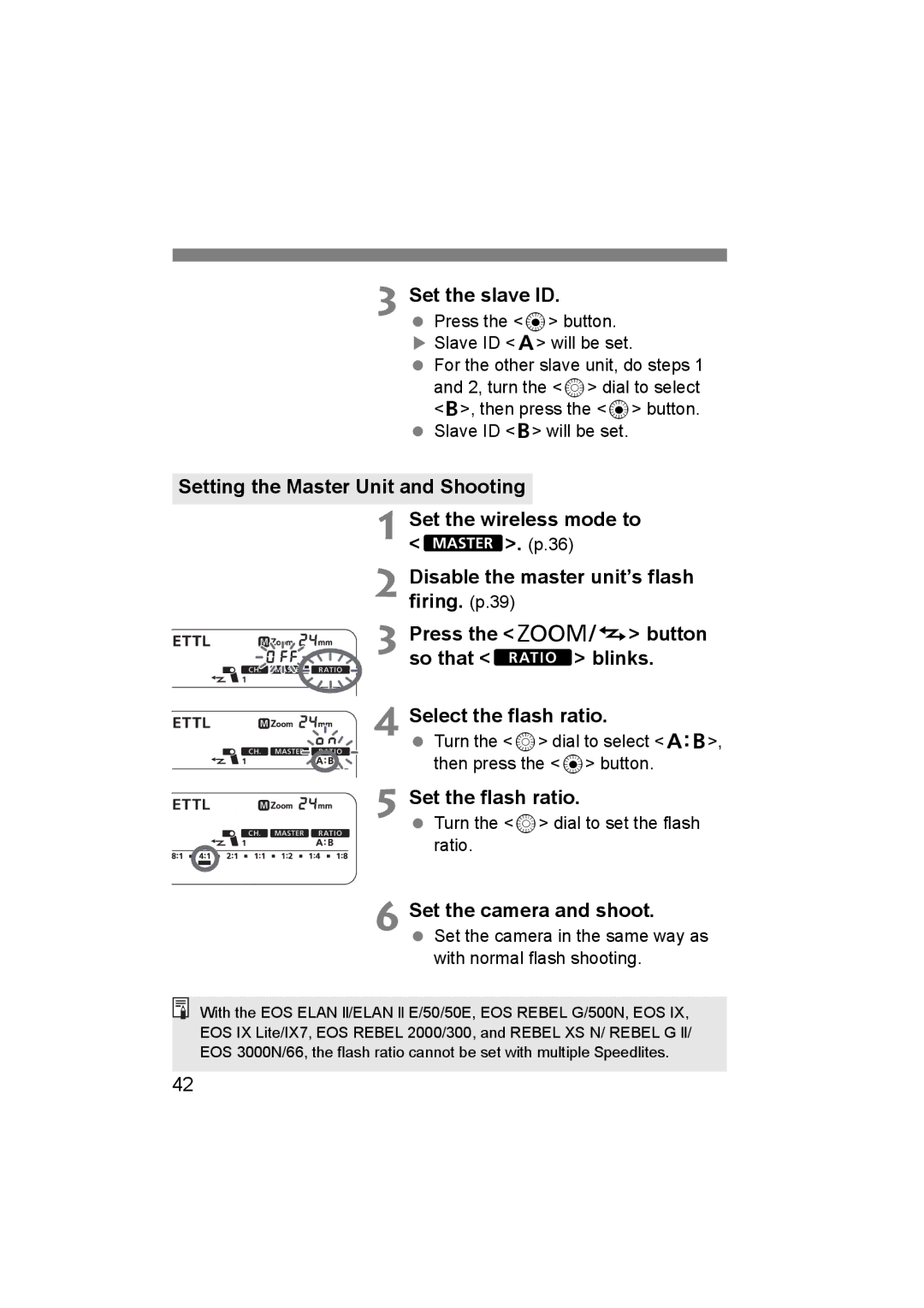 Canon 580EX II manual Set the slave ID, Set the flash ratio 