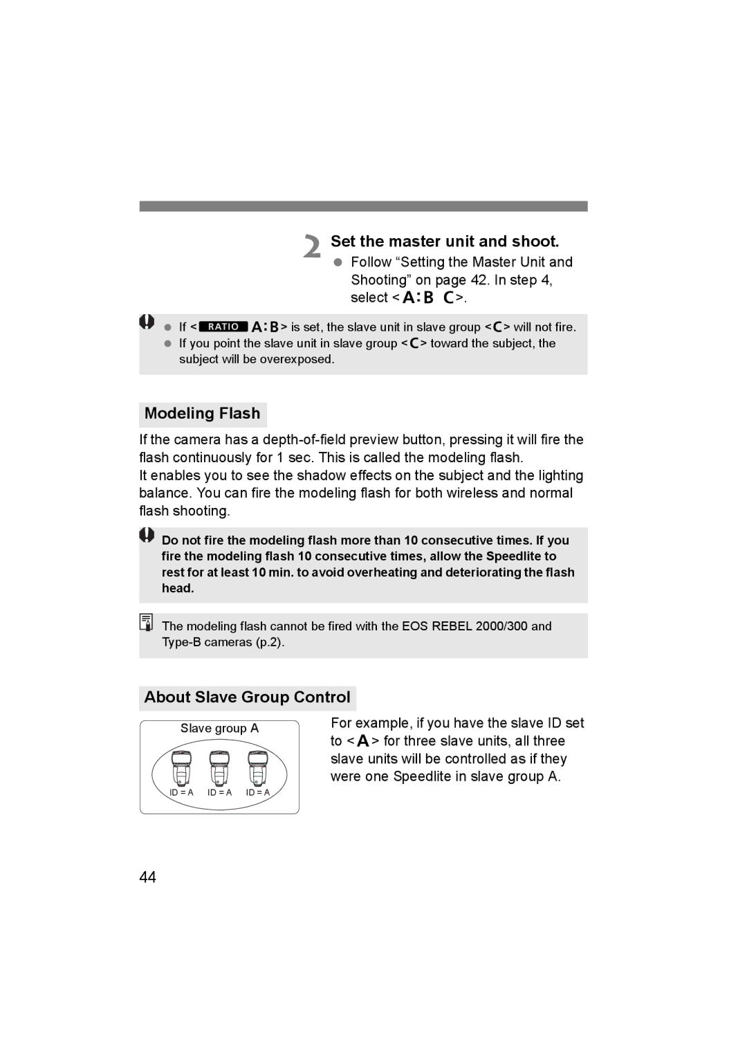 Canon 580EX II manual Set the master unit and shoot, Modeling Flash, About Slave Group Control 