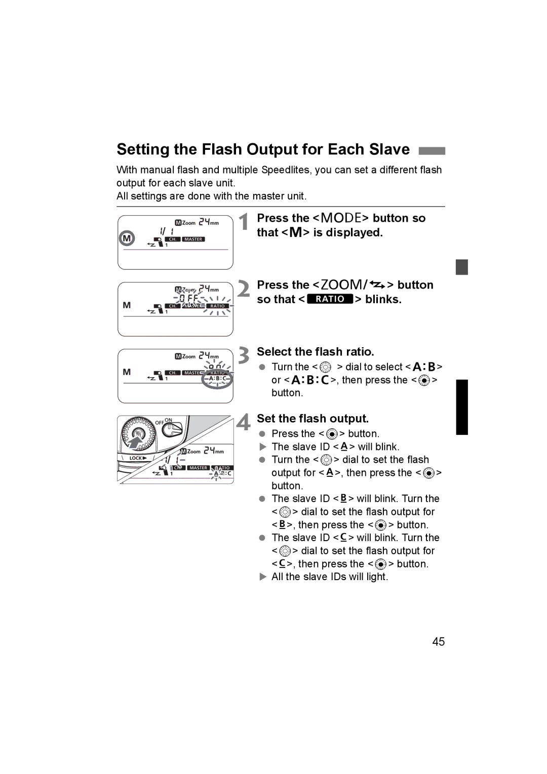 Canon 580EX II manual Setting the Flash Output for Each Slave 