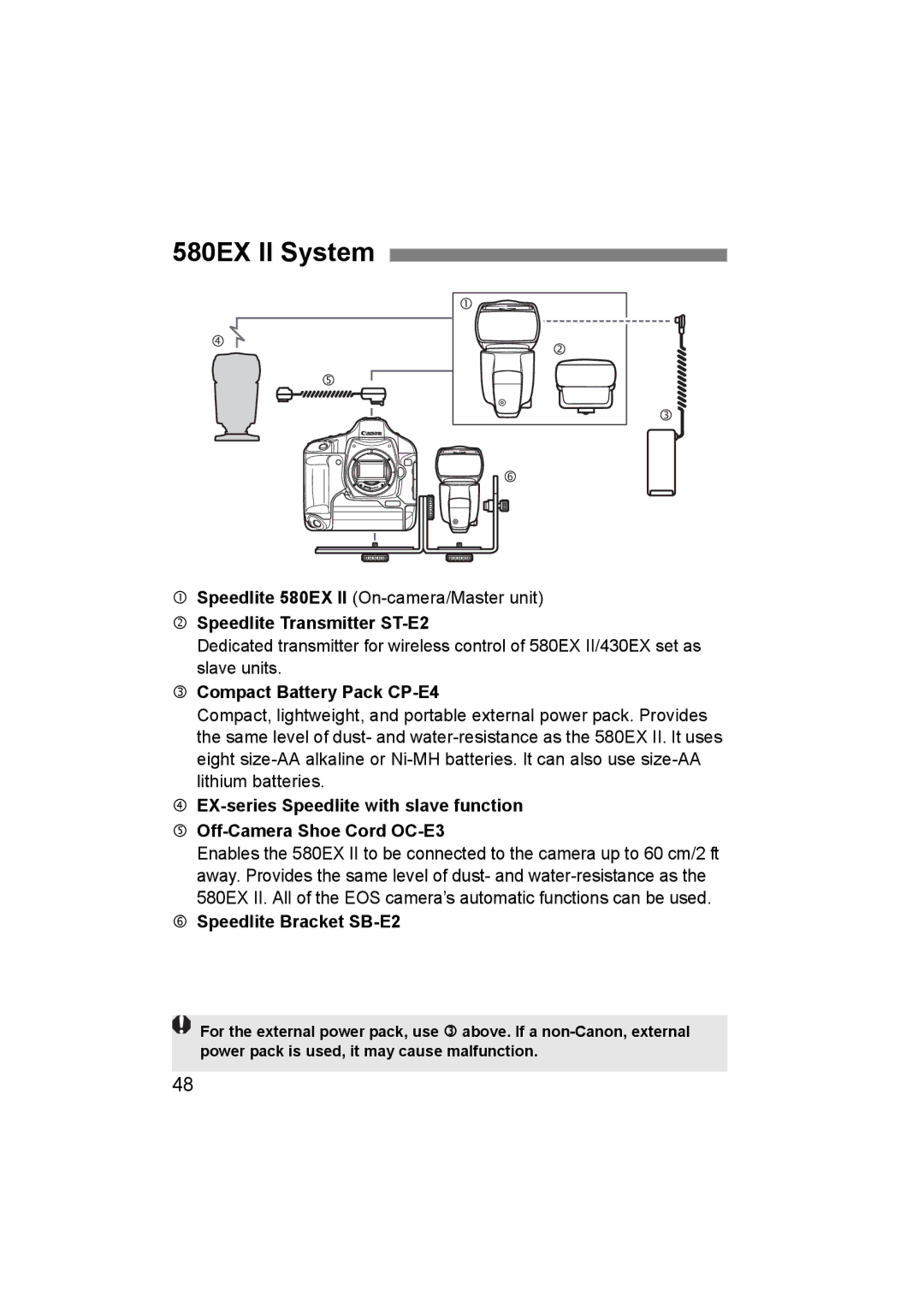 Canon manual 580EX II System, Compact Battery Pack CP-E4, Speedlite Bracket SB-E2 