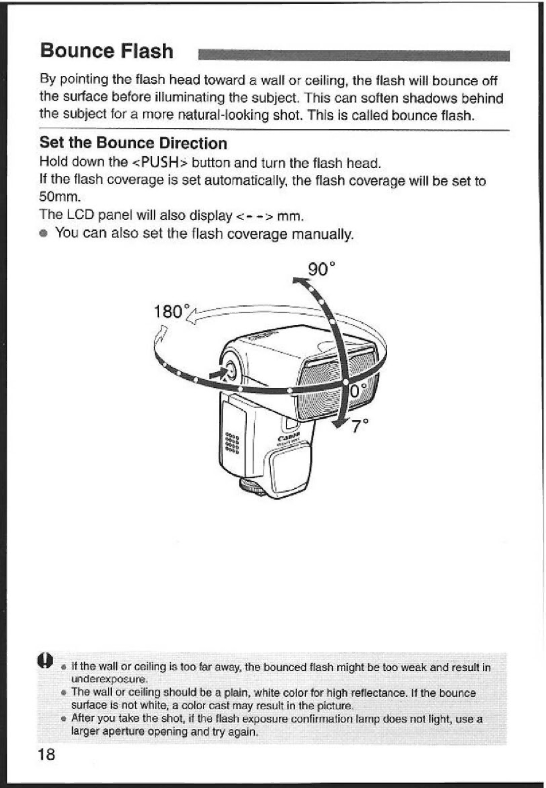 Canon 580EX instruction manual Bounce Flash, Set the Bounce Direction, You can also set the flash coverage manually 