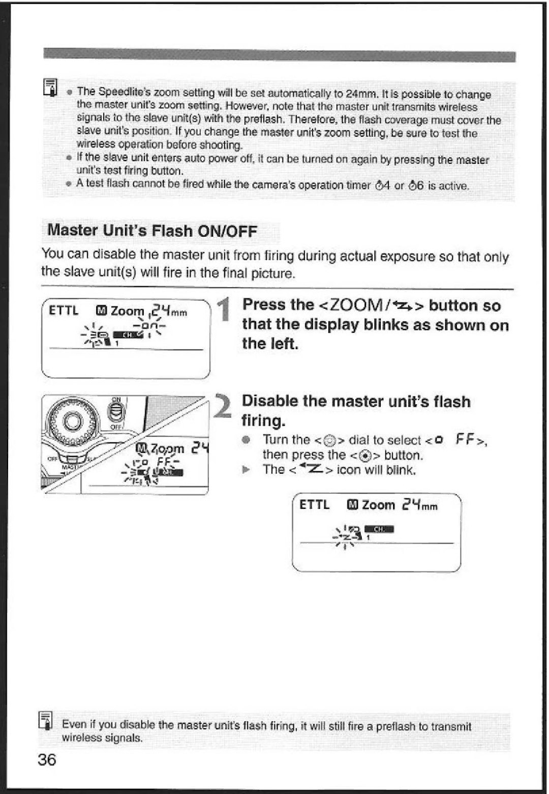 Canon 580EX instruction manual Master Units Flash ON/OFF, Disable the master antis flash tiring, M iron will blink 