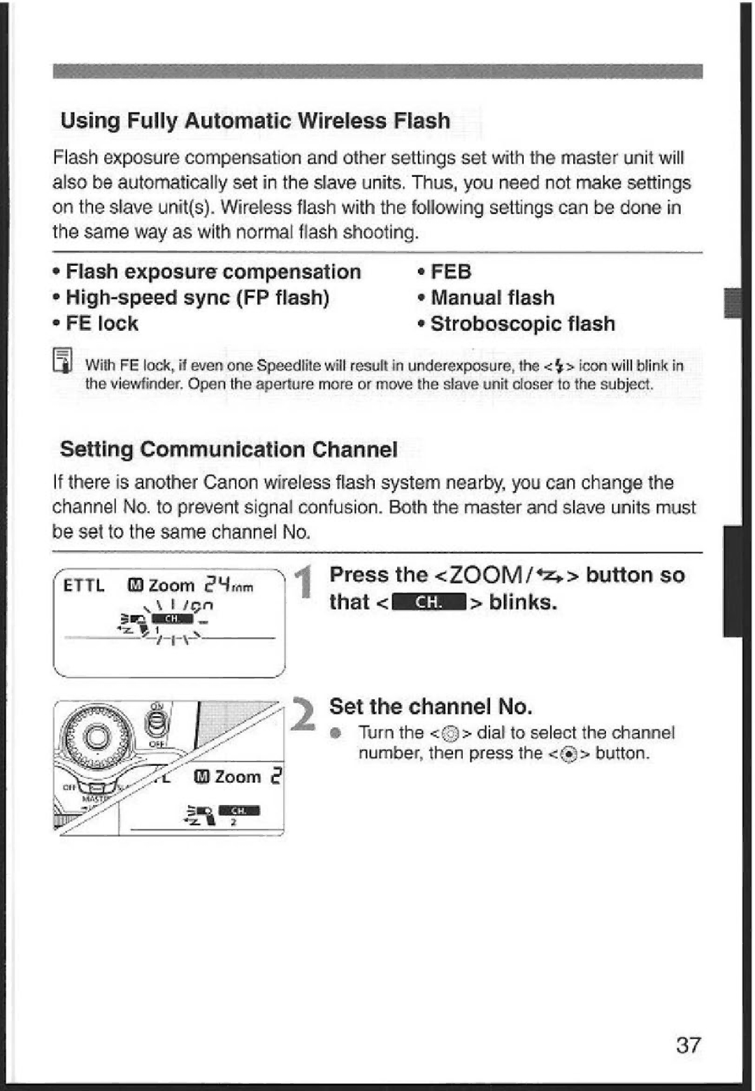 Canon 580EX Using Fully Automatic Wireless Flash, Flash exposure compensation, 5etiing Communication Channel 