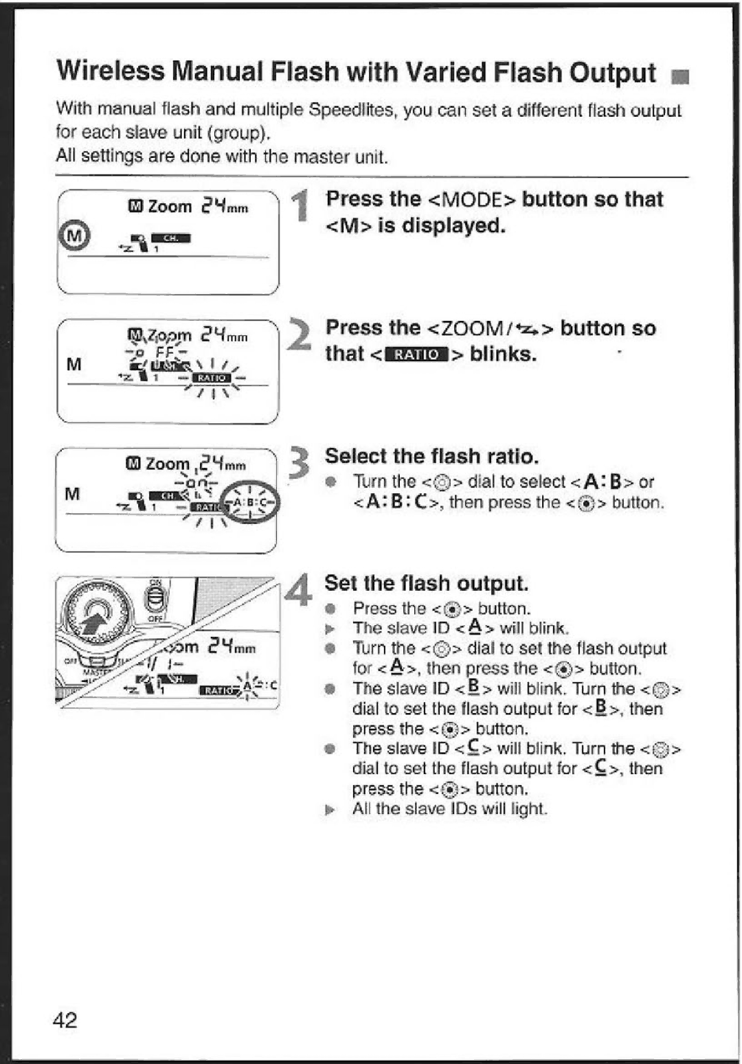 Canon 580EX instruction manual Wireless Manual Flash with Varied Flash Output m, G9 zoom,2%m Select the flash ratio 