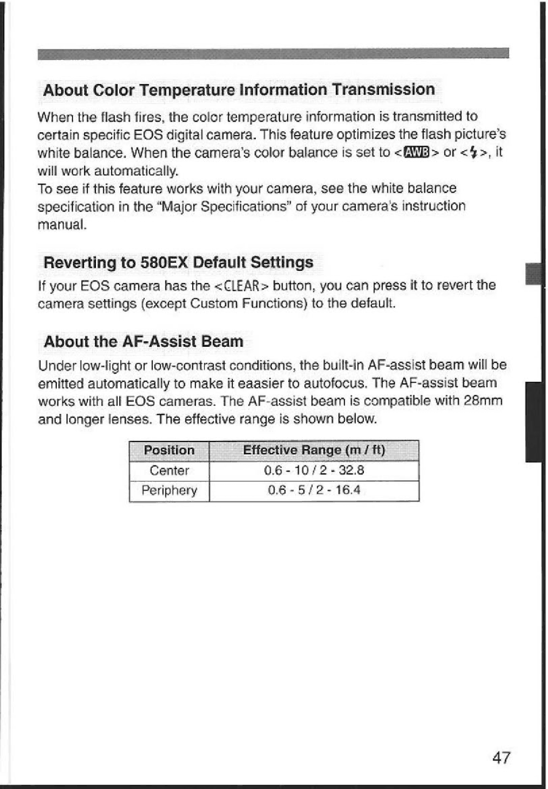 Canon 580EX About Color Temperature Information Transmission, Reverting to 580E Default Settings, About the AF-Assist Beam 