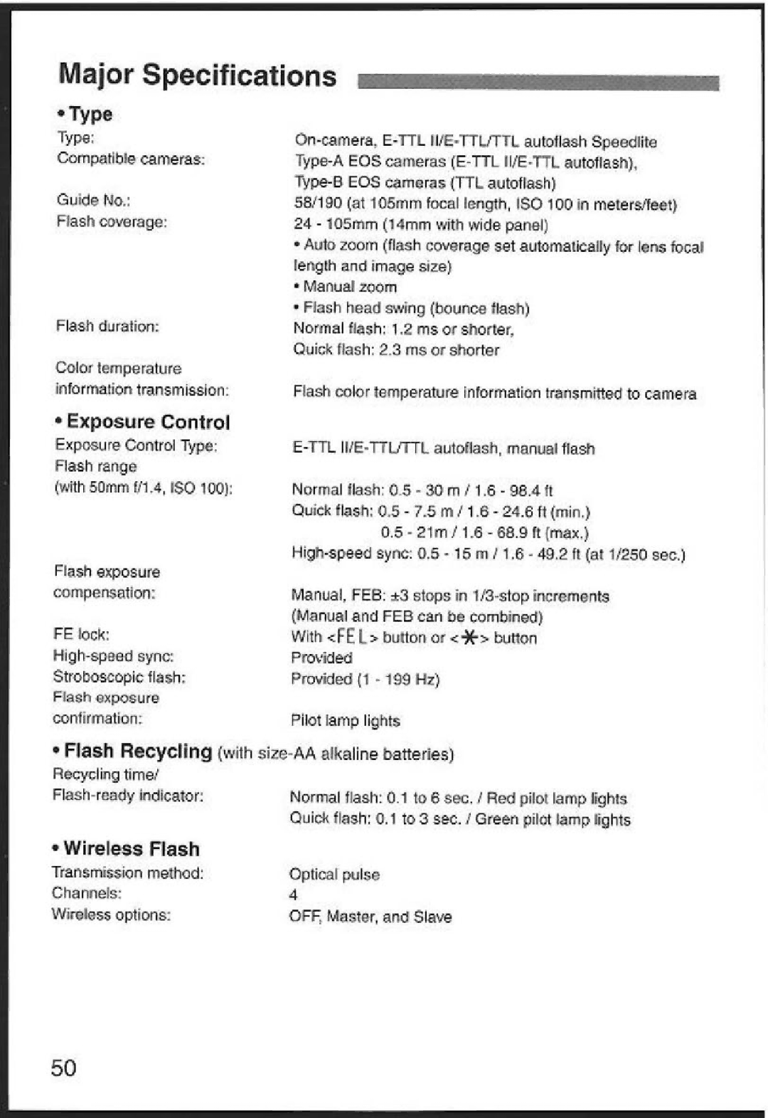 Canon 580EX instruction manual Major Specifications, Type, Exposure Control, Wireless Flash 