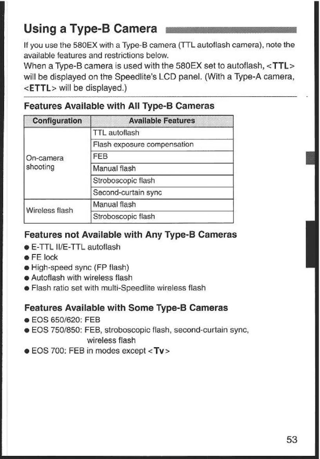 Canon 580EX instruction manual Using a Type-B Camera, Features Available with Some Type-B Cameras Eos s5ois2a FEs 