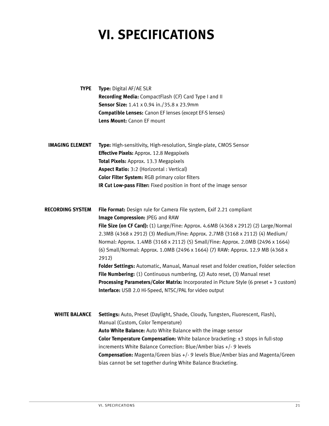 Canon 5d manual VI. Specifications, Image Compression Jpeg and RAW 