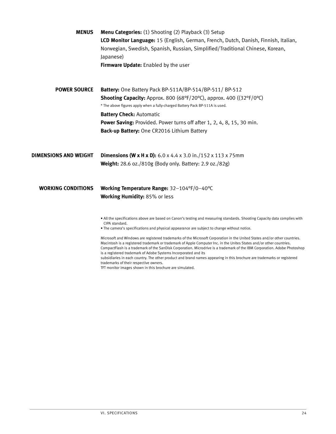 Canon 5d manual Battery Check Automatic, Working Temperature Range 32-104F/0-40C, Working Humidity 85% or less 