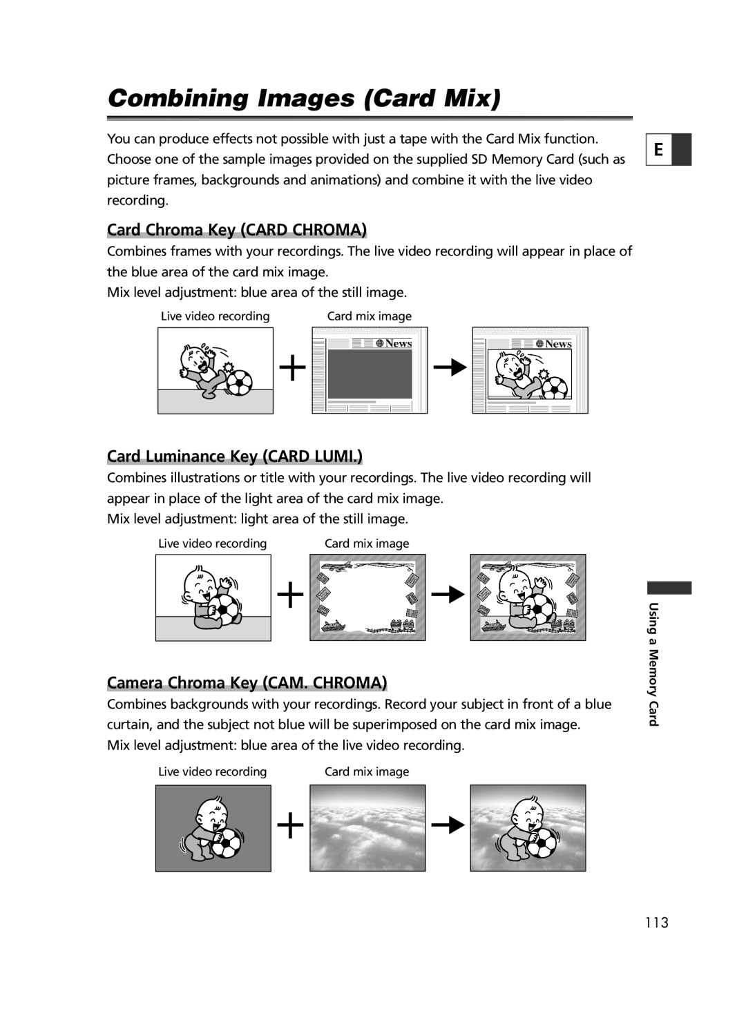 Canon 65, 60 instruction manual Combining Images Card Mix, Card Chroma Key CARD CHROMA, Card Luminance Key CARD LUMI 