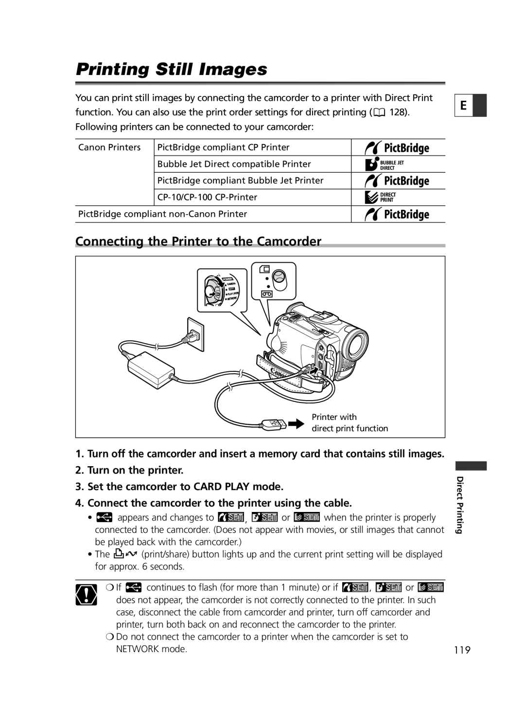 Canon 65, 60 instruction manual Printing Still Images, Connecting the Printer to the Camcorder 