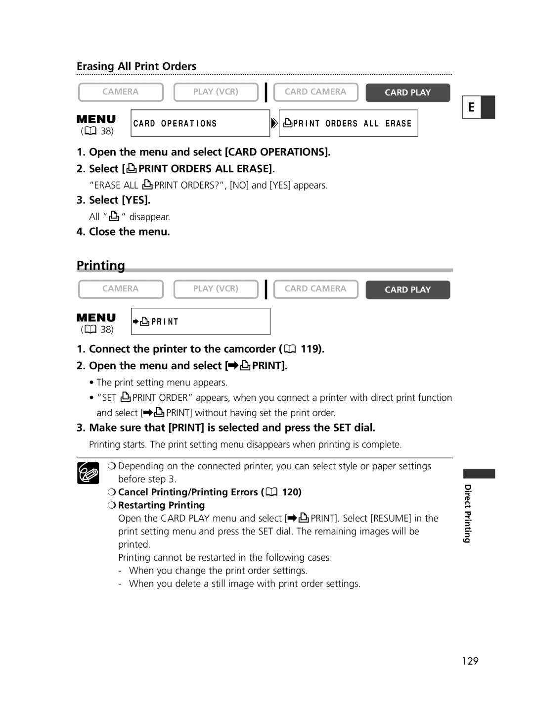 Canon 65, 60 Printing, Erasing All Print Orders, Open the menu and select CARD OPERATIONS, Select PRINT ORDERS ALL ERASE 