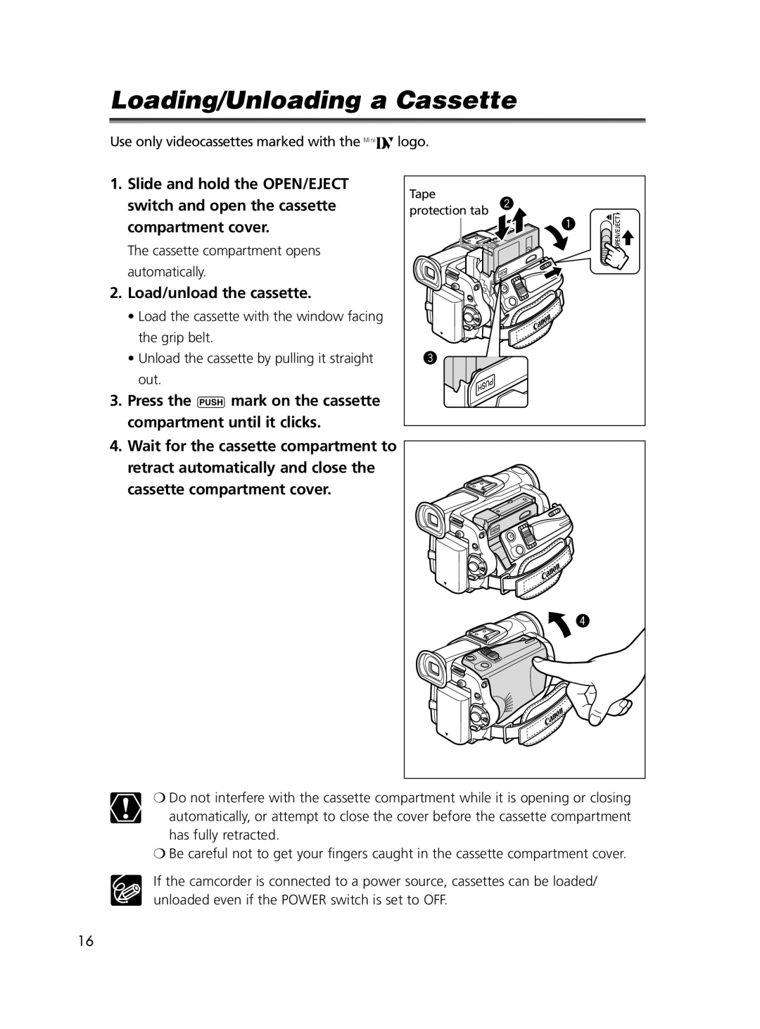 Canon 60, 65 instruction manual Loading/Unloading a Cassette, Load/unload the cassette 