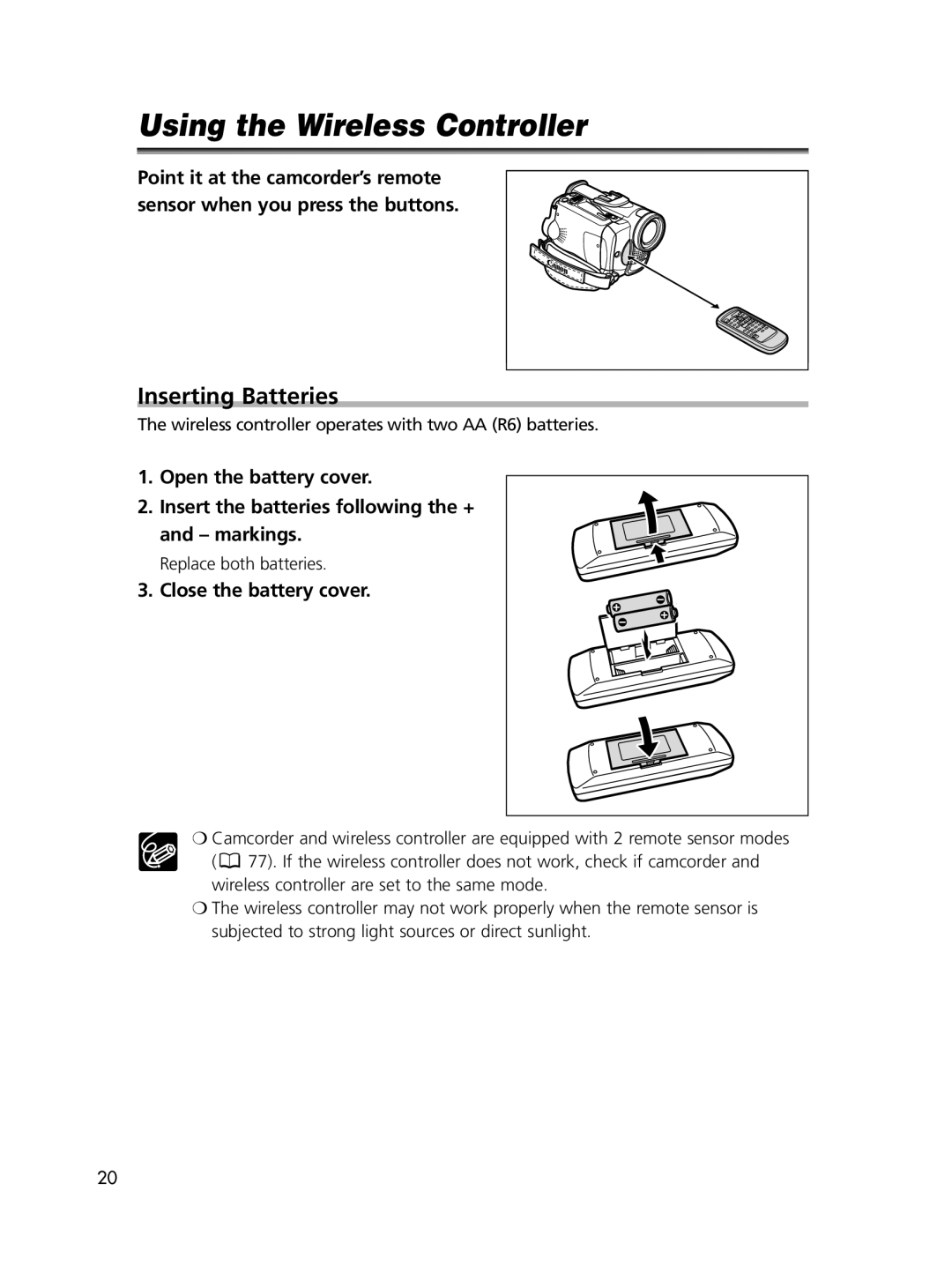 Canon 60, 65 instruction manual Using the Wireless Controller, Inserting Batteries, and - markings, Close the battery cover 