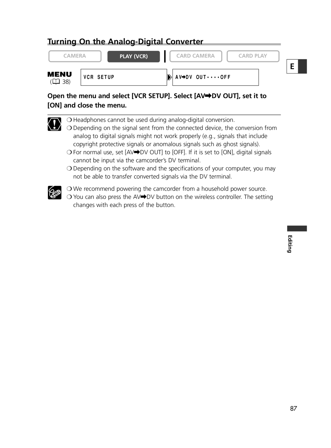 Canon 65, 60 instruction manual Turning On the Analog-Digital Converter 