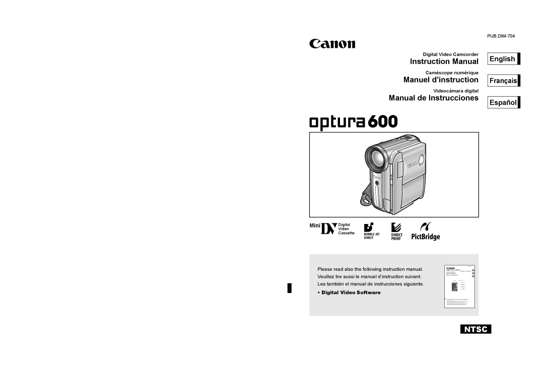 Canon 600 instruction manual English Français Español, Digital Video Camcorder Caméscope numérique, Videocámara digital 