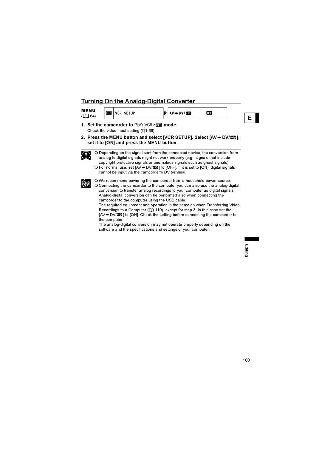 Canon 600 instruction manual Turning On the Analog-Digital Converter, Menu VCR Setup AV DV 