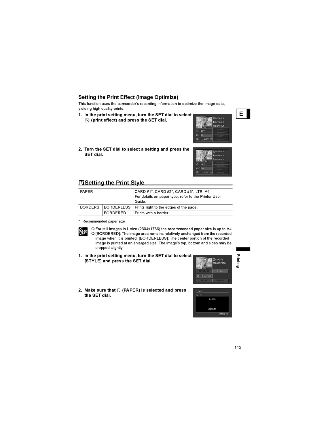 Canon 600 instruction manual Setting the Print Effect Image Optimize 