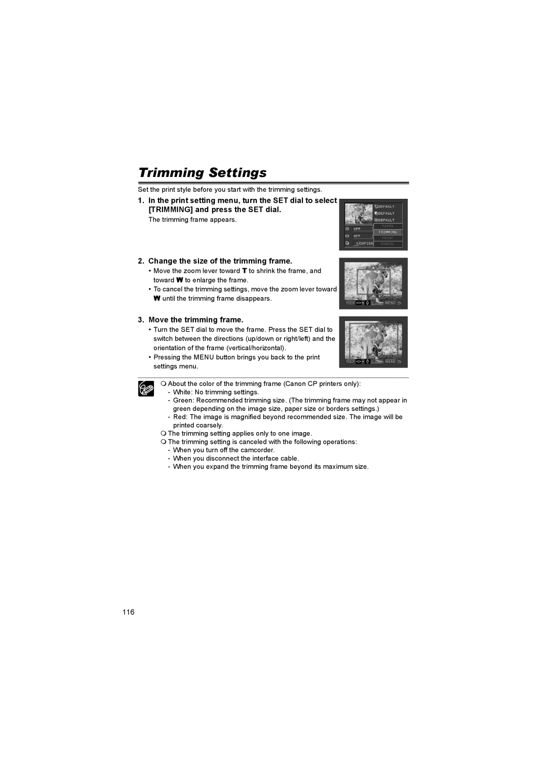 Canon 600 instruction manual Trimming Settings, Change the size of the trimming frame, Move the trimming frame 