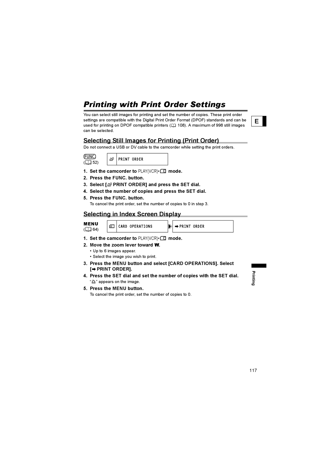 Canon 600 instruction manual Printing with Print Order Settings, Selecting Still Images for Printing Print Order 