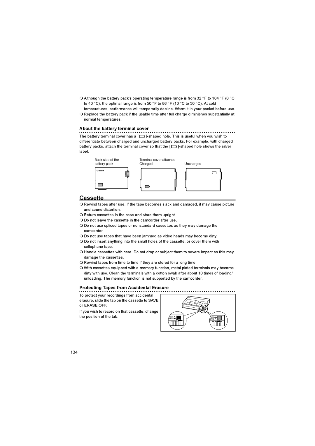 Canon 600 instruction manual Cassette, About the battery terminal cover, Protecting Tapes from Accidental Erasure 