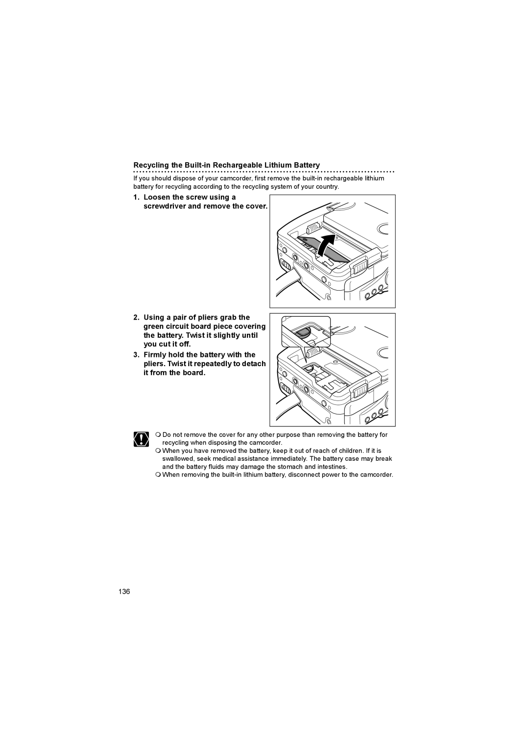 Canon 600 instruction manual Recycling the Built-in Rechargeable Lithium Battery 