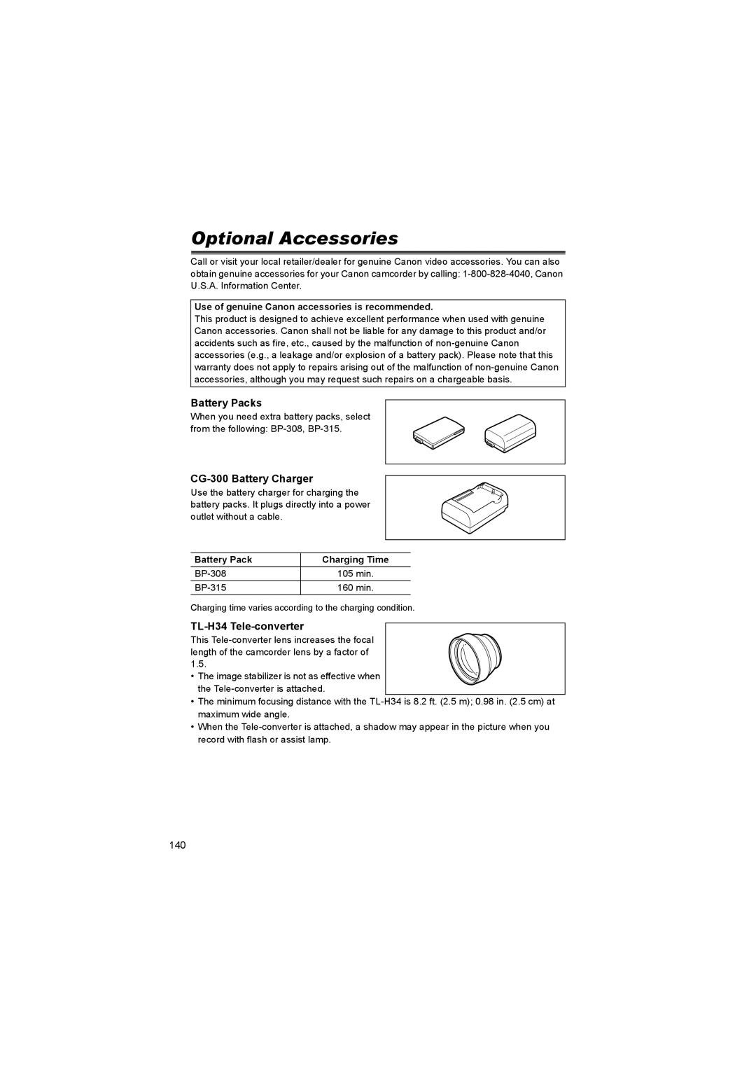 Canon 600 instruction manual Optional Accessories, Battery Packs, CG-300 Battery Charger, TL-H34 Tele-converter 