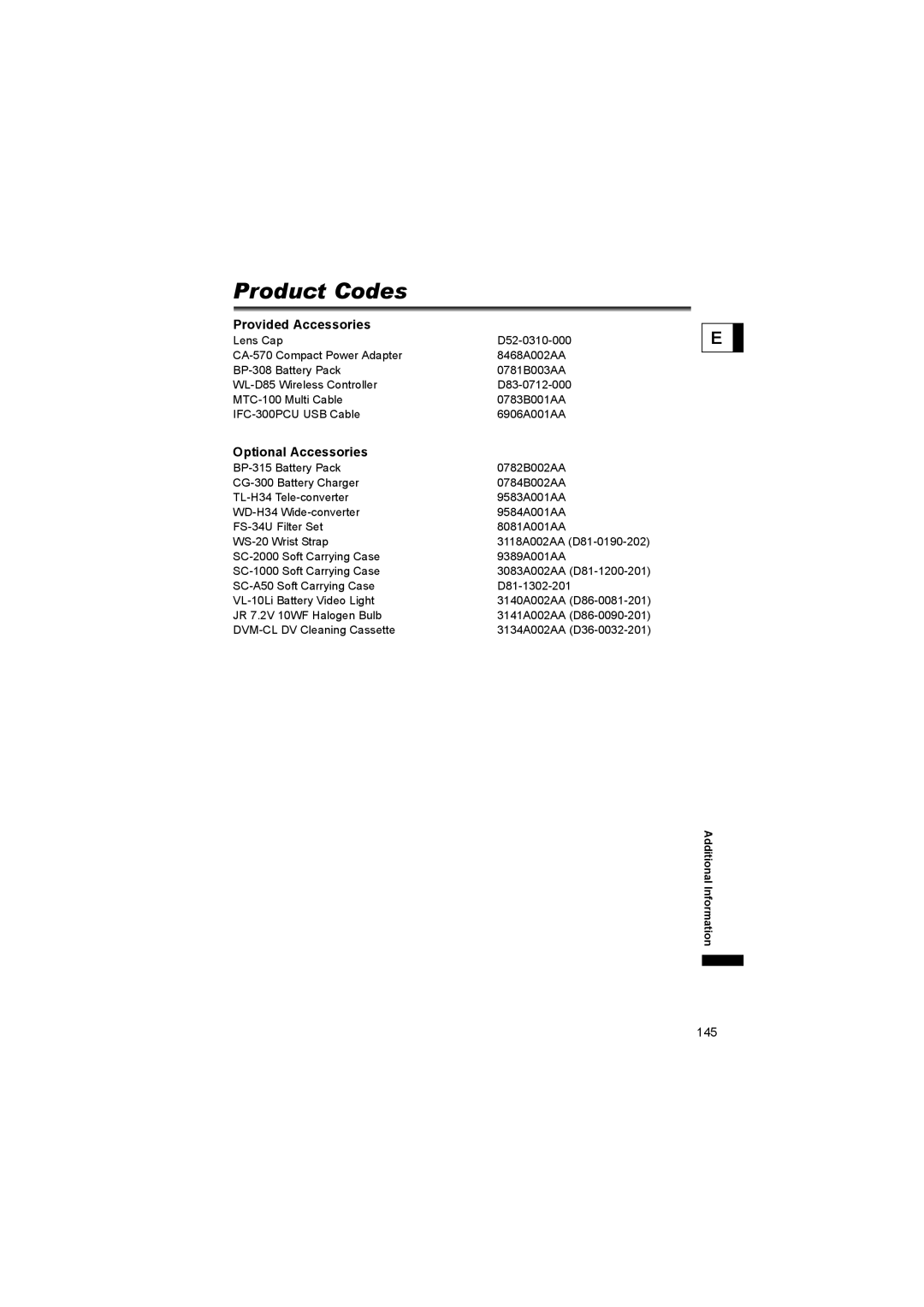 Canon 600 instruction manual Product Codes, Provided Accessories, Optional Accessories 