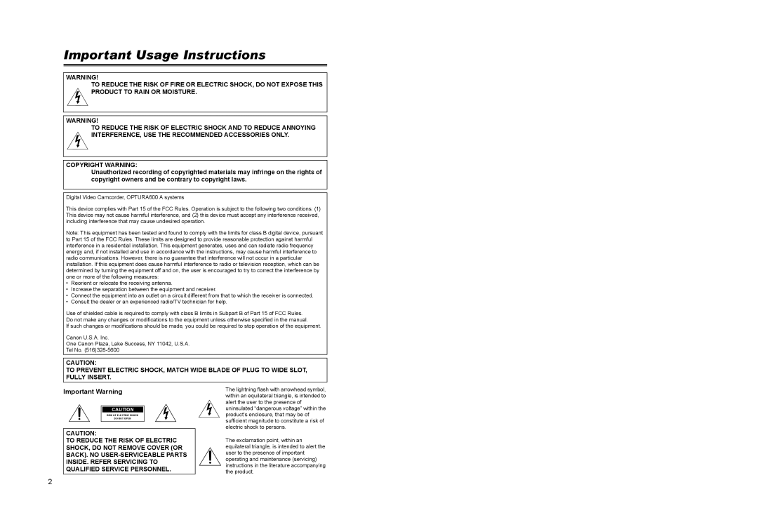 Canon 600 instruction manual ImportantntroductionUsage Instructions, Important Warning 