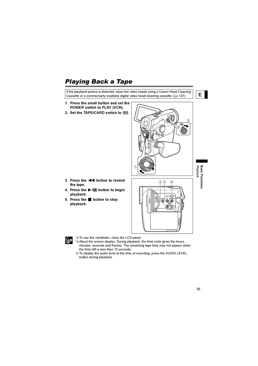 Canon 600 instruction manual Playing Back a Tape 