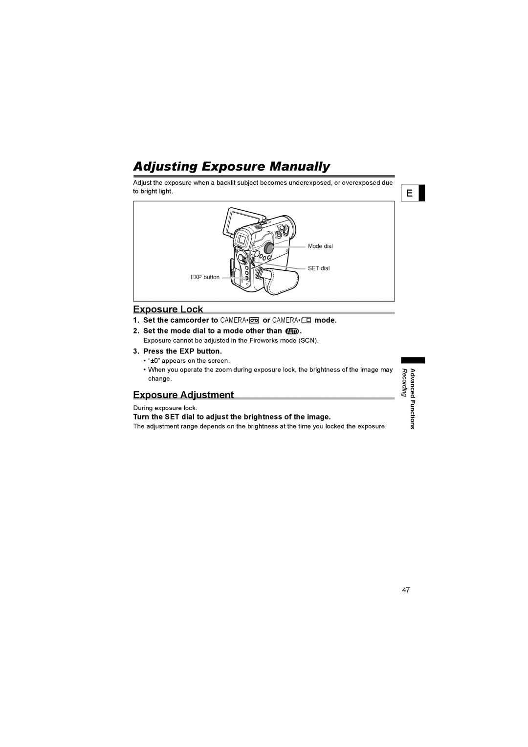 Canon 600 instruction manual Adjusting Exposure Manually, Exposure Lock, Exposure Adjustment, Press the EXP button 