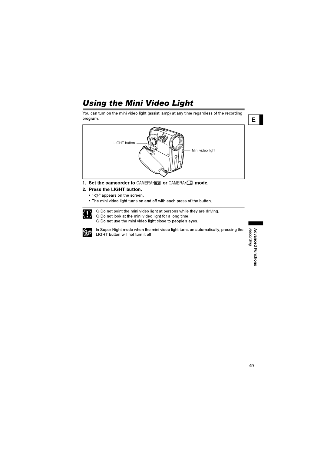 Canon 600 instruction manual Using the Mini Video Light 