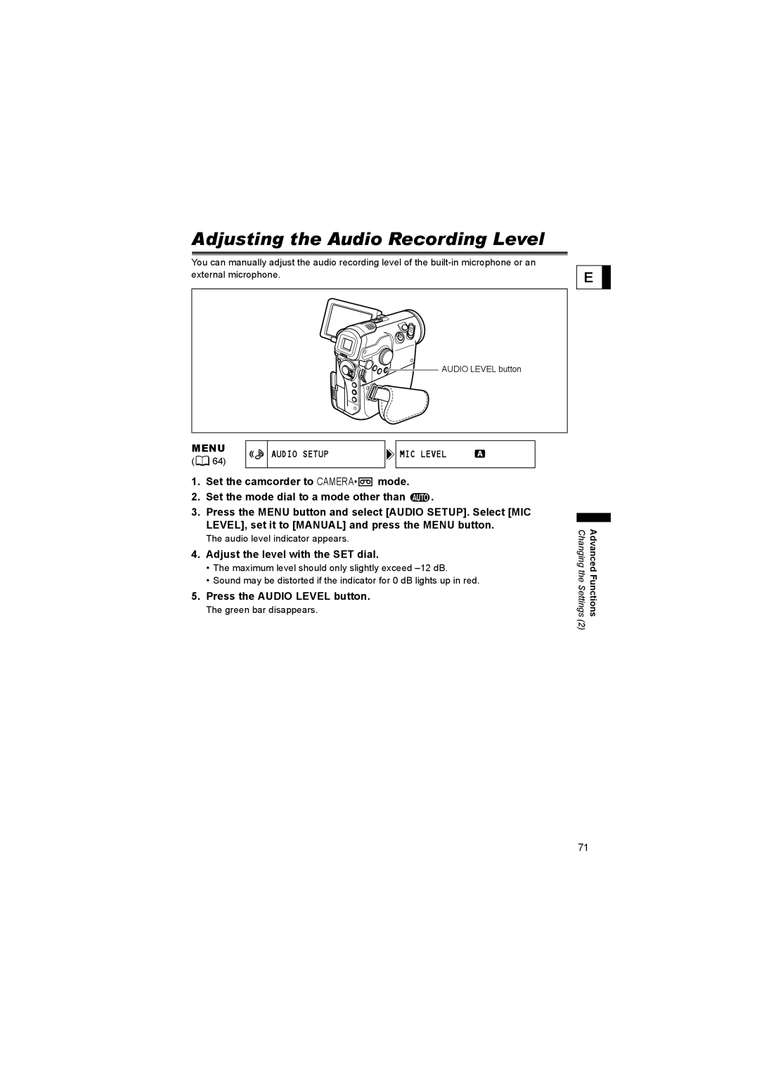 Canon 600 instruction manual Adjusting the Audio Recording Level, Menu Audio Setup, Adjust the level with the SET dial 