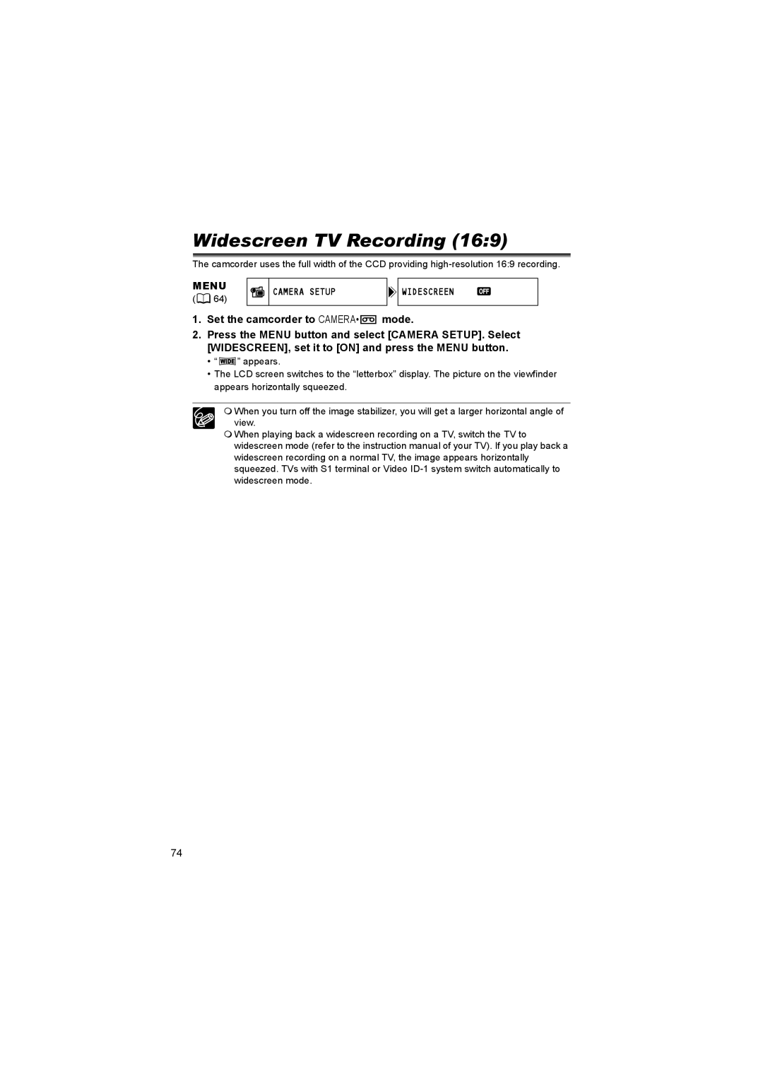 Canon 600 instruction manual Widescreen TV Recording, Menu Camera Setup Widescreen 