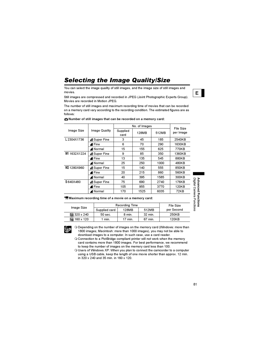 Canon 600 instruction manual Selecting the Image Quality/Size, Maximum recording time of a movie on a memory card 