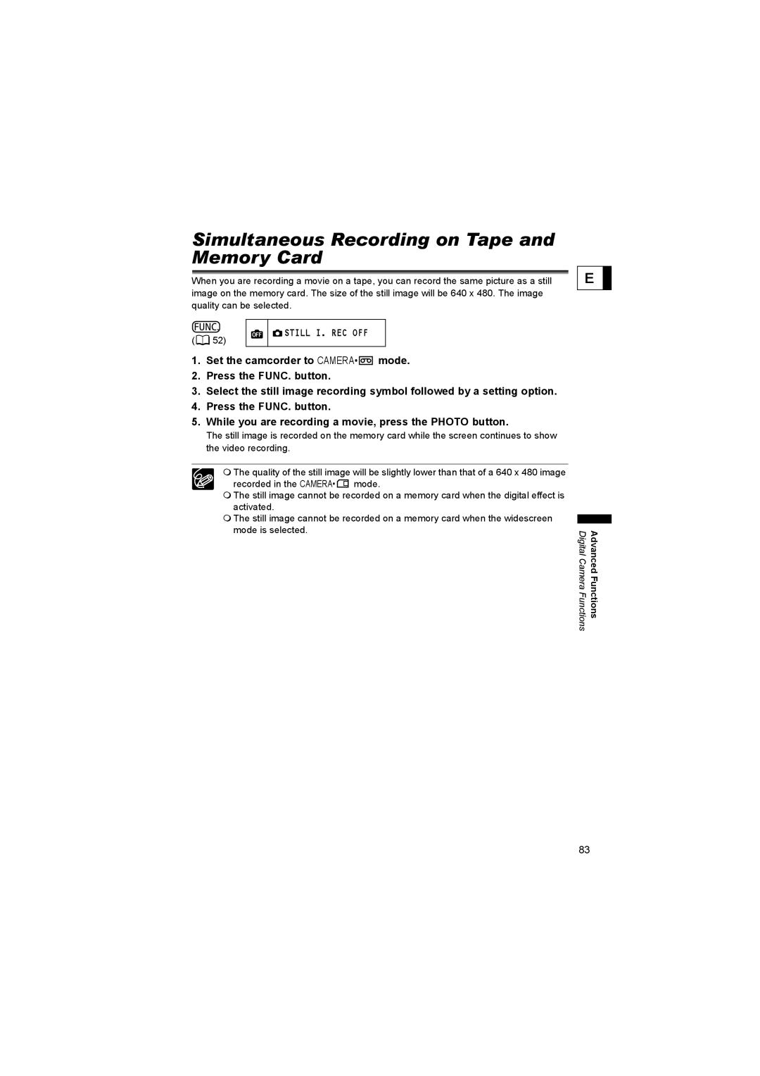 Canon 600 instruction manual Simultaneous Recording on Tape and Memory Card, Still I. REC OFF 