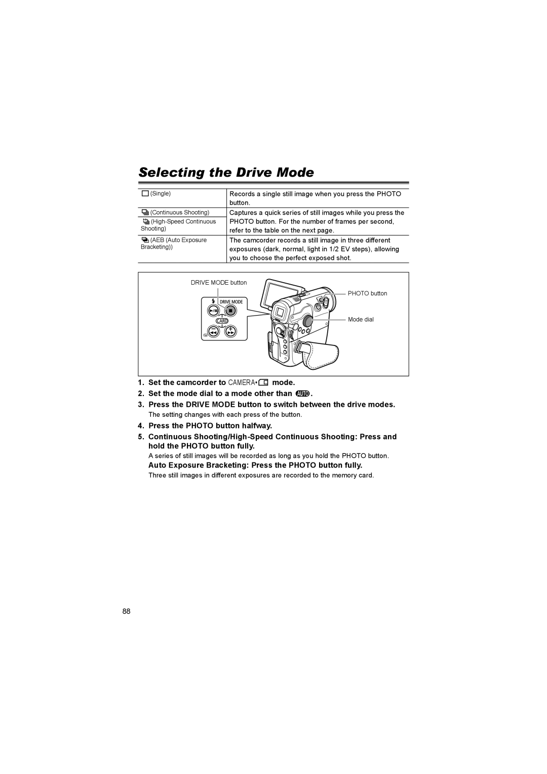 Canon 600 instruction manual Selecting the Drive Mode, Auto Exposure Bracketing Press the Photo button fully 