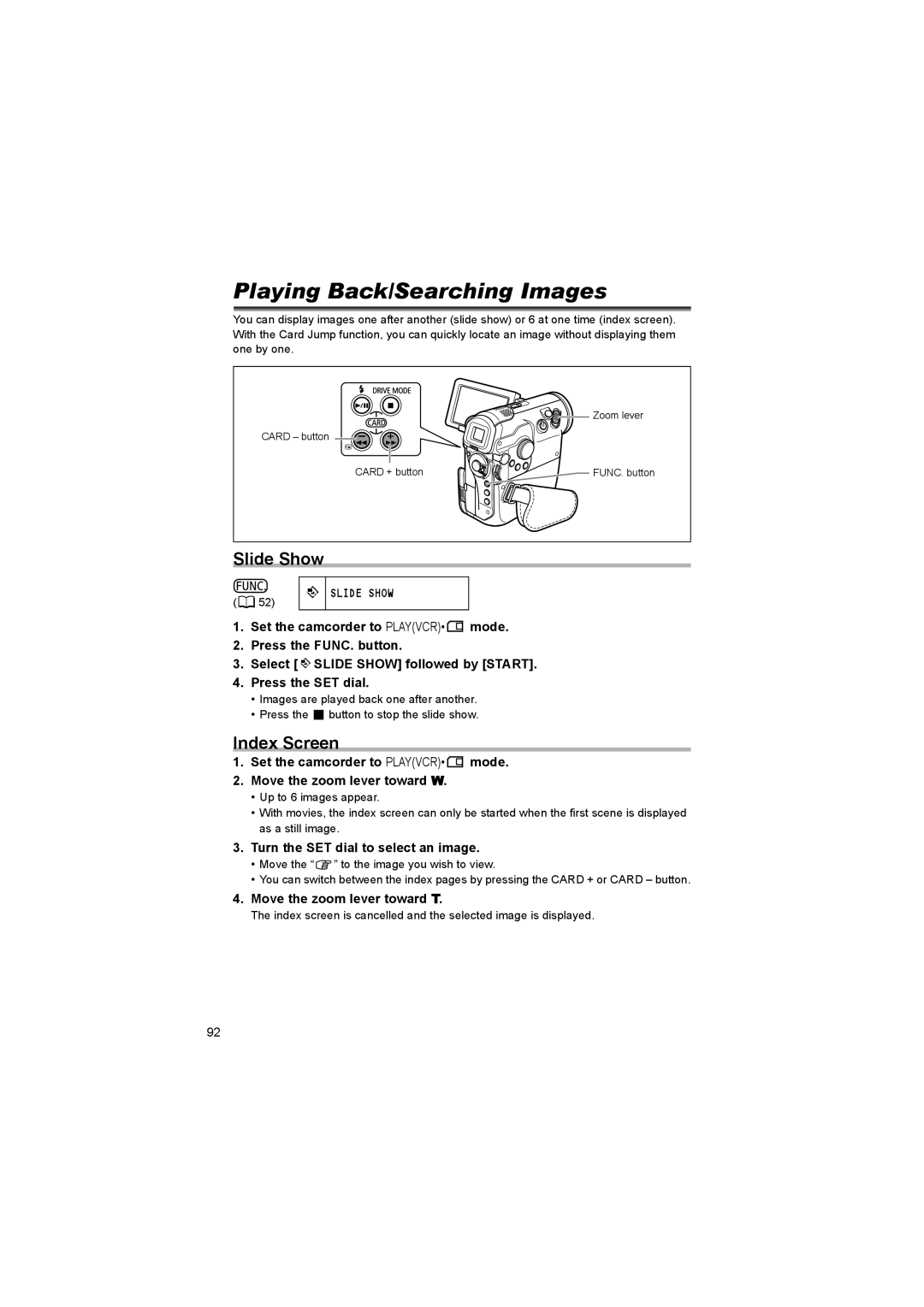 Canon 600 instruction manual Playing Back/Searching Images, Slide Show, Index Screen, Turn the SET dial to select an image 