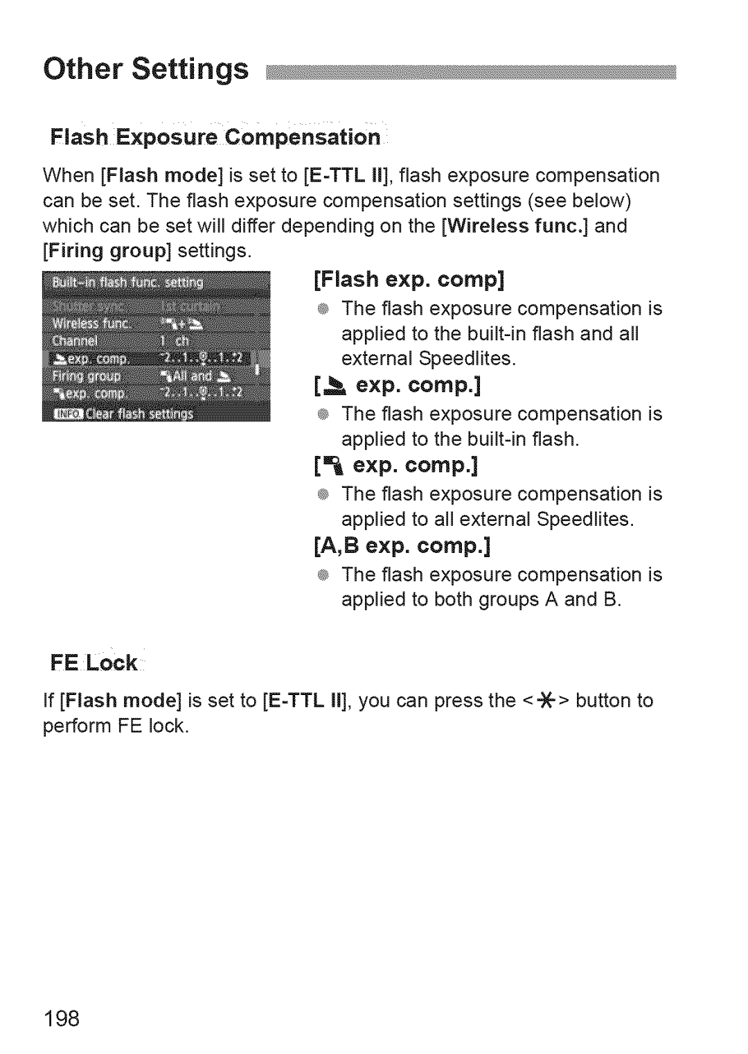Canon 600D manual Other Settings, Flash Exposure Compensation, 198, Flash exp. comp, Exp. comp 